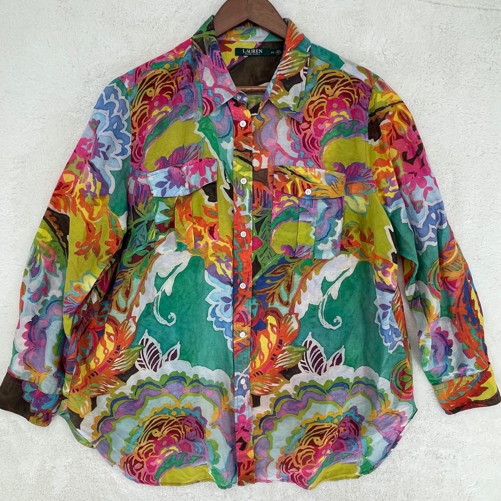 Lauren Ralph Lauren 2X Cotton Silk Paisley Floral Button Down Shirt Maximalist - Picture 2 of 8